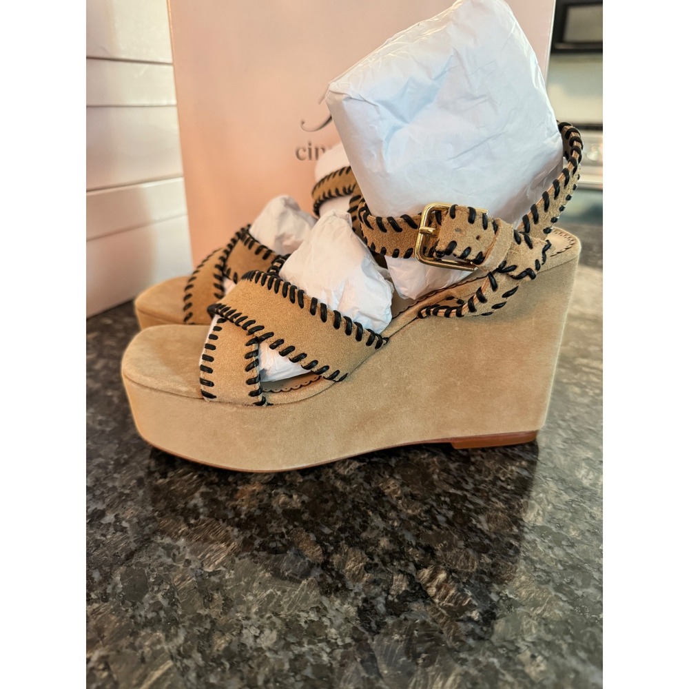 Cinq a Sept Sasha Whipstitch Suede Wedge Sandals Brown Sugar Black Size 40 US 10